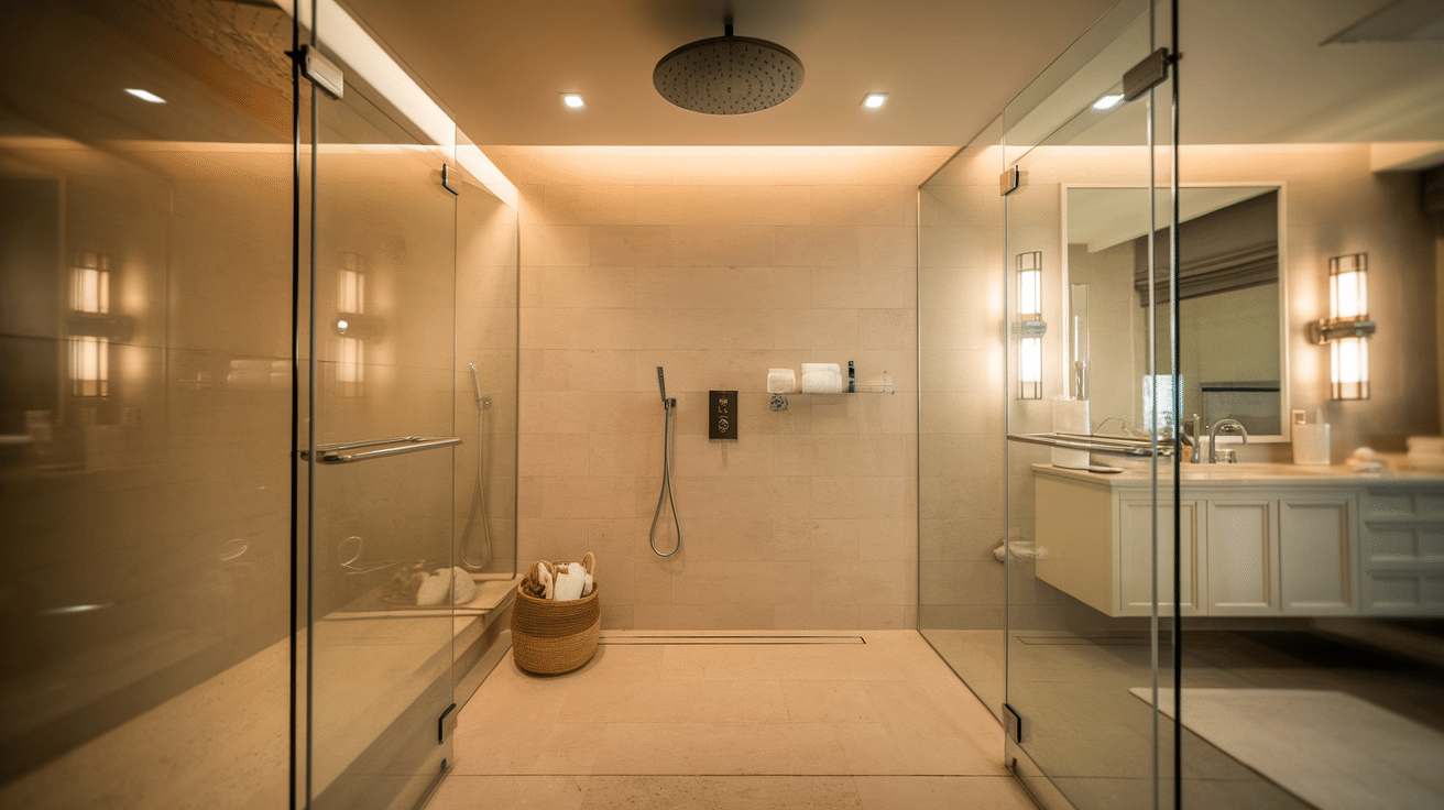walk-in shower with a ceiling rain shower, glass panels, tiled walls, and warm lighting