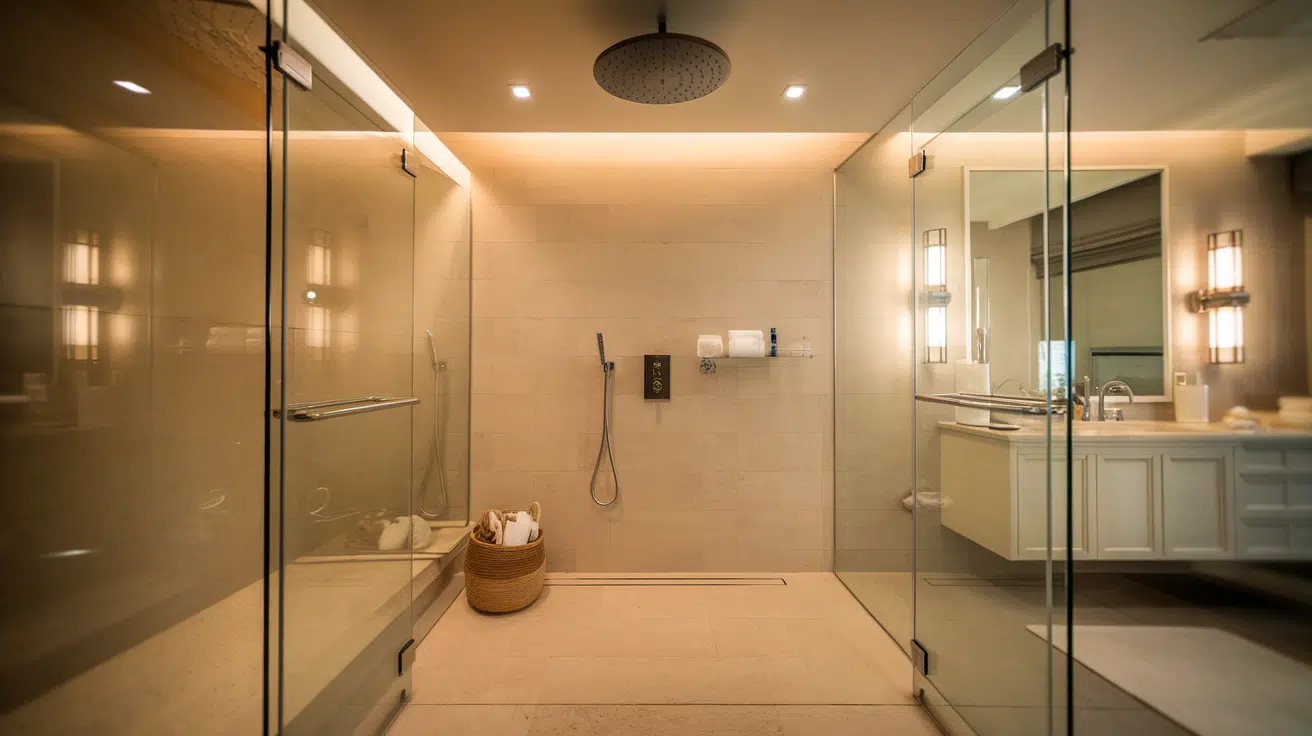 walk-in shower with a ceiling rain shower, glass panels, tiled walls, and warm lighting