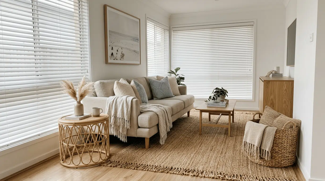 jute rug, rattan side table, and woven basket in a coastal living room