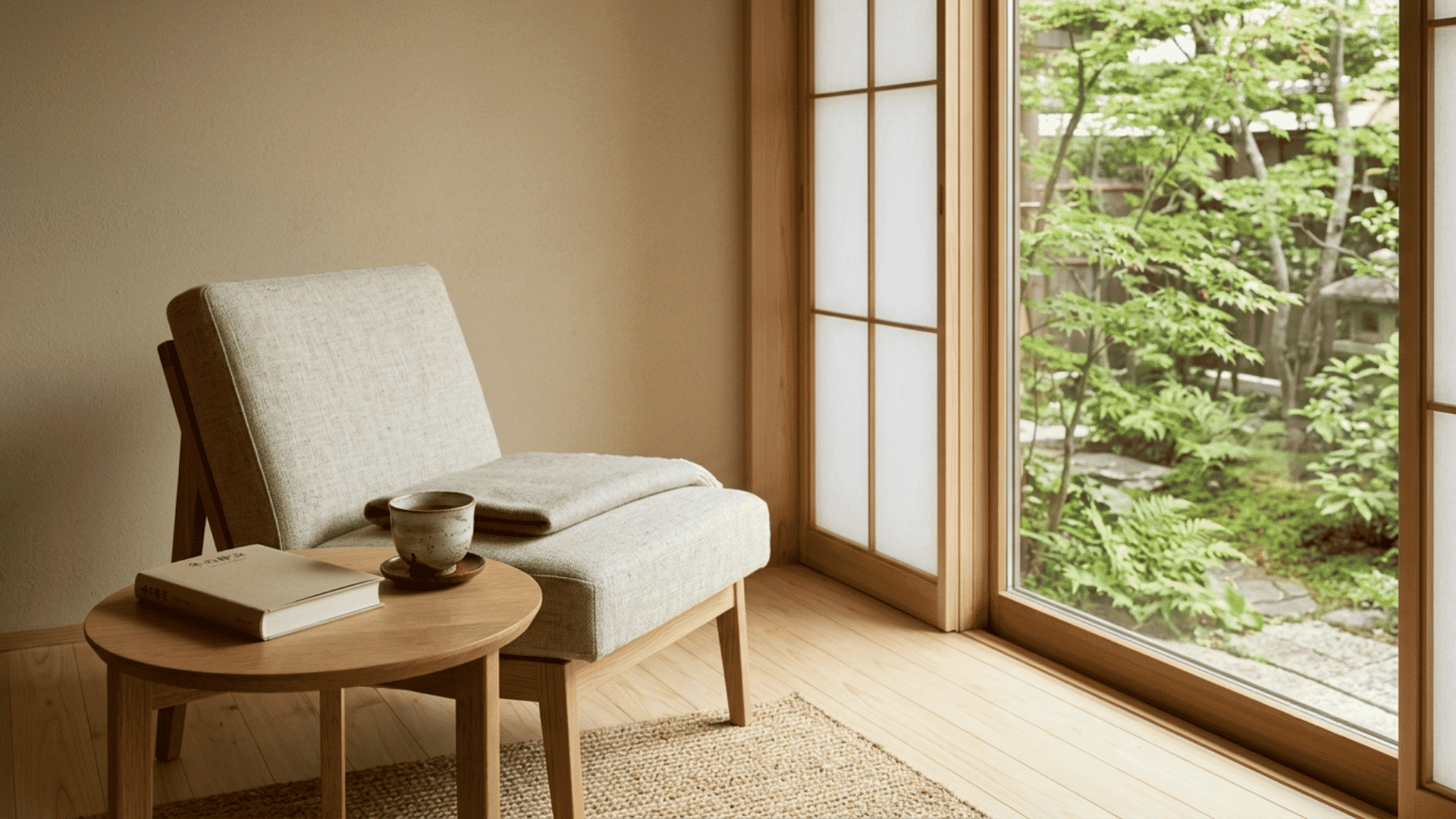 reading corner with a cushioned chair, tea, book, and peaceful garden view