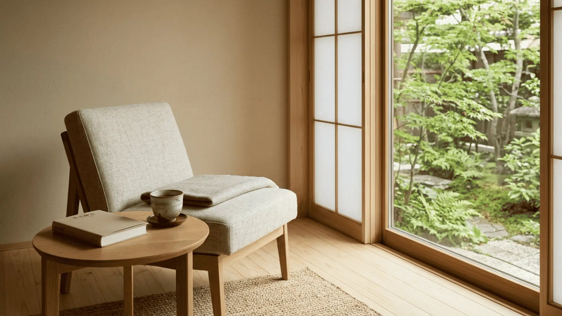 reading corner with a cushioned chair, tea, book, and peaceful garden view