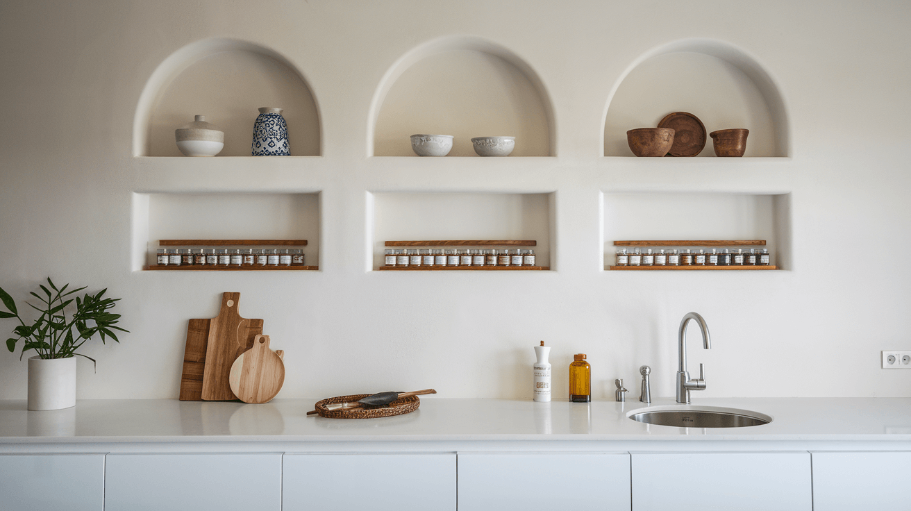 white kitchen with three arched recessed shelves displaying dishes, jars, and decor