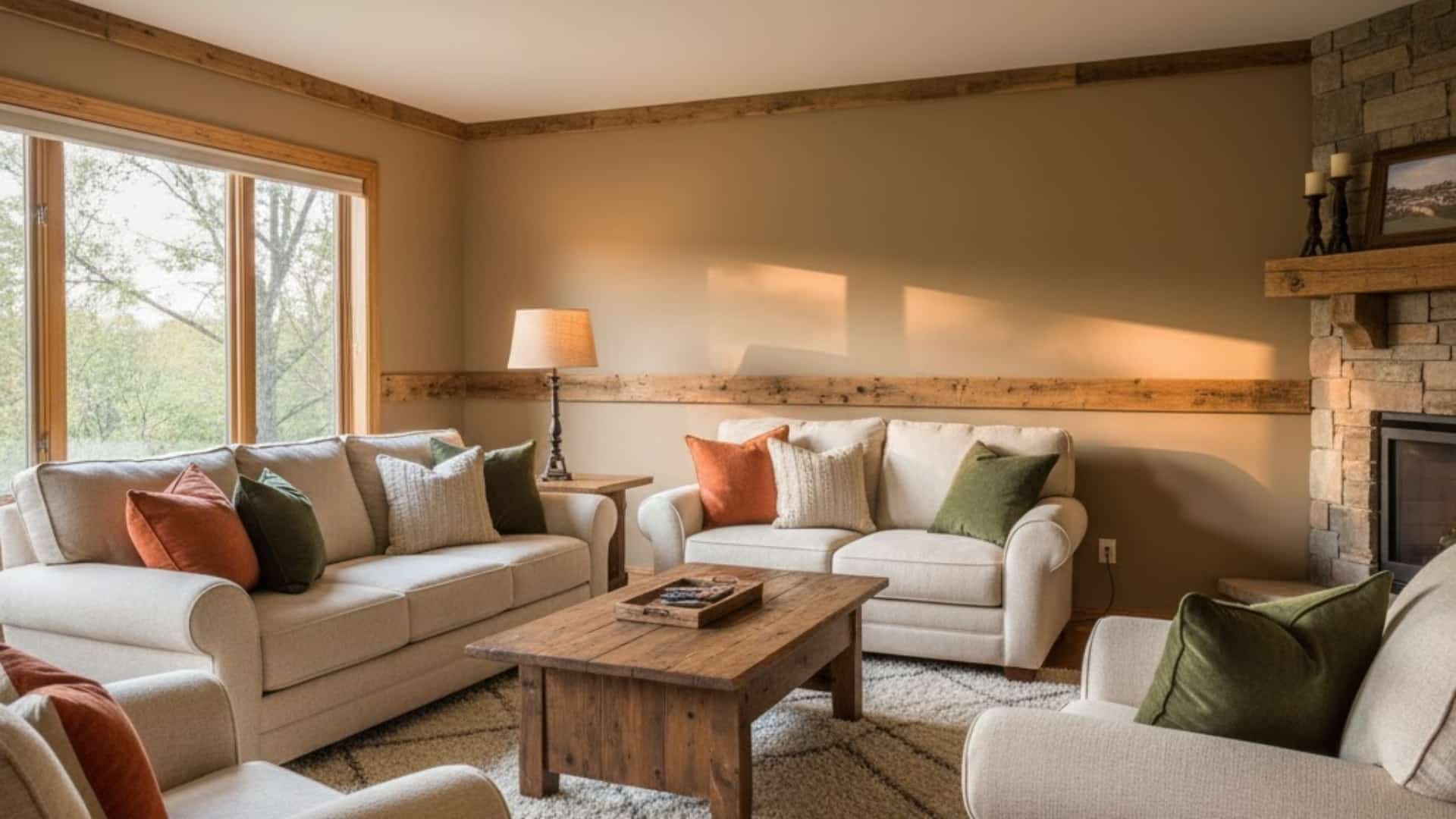 rustic living room with reclaimed wood chair rail and warm natural furnishings