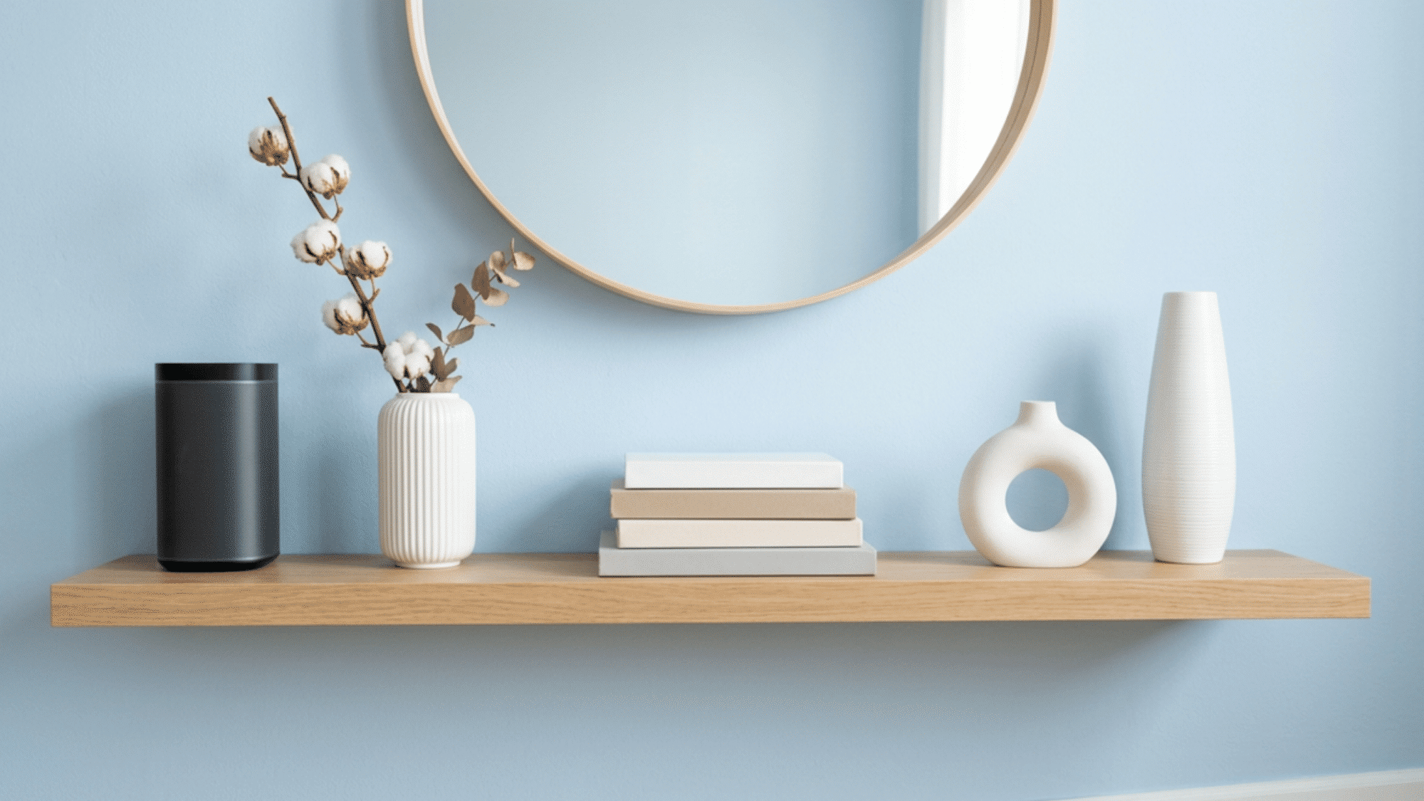 Minimalist Japanese-inspired shelf decor with vases and natural accents