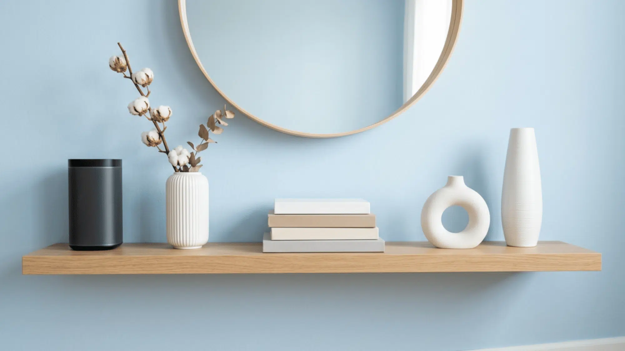 Minimalist Japanese-inspired shelf decor with vases and natural accents