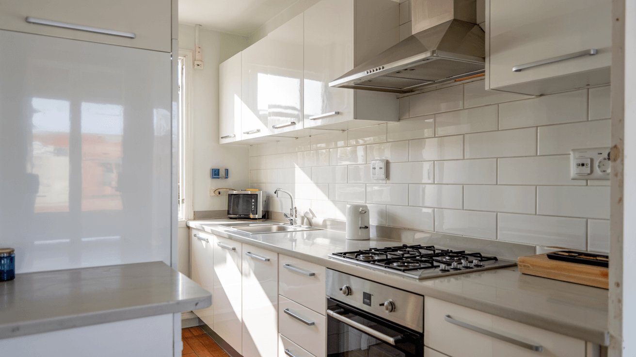 bright kitchen with glossy reflective cabinets, white tile backsplash, and stainless steel range
