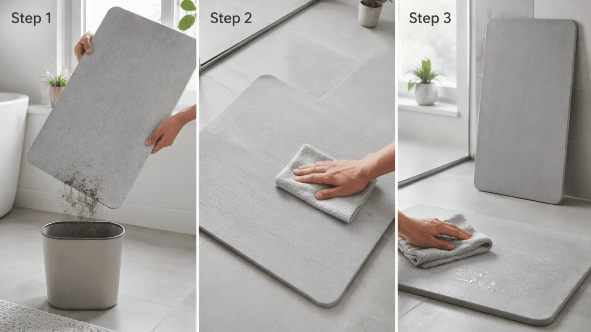 Stone bath mat cleaned by wiping and drying