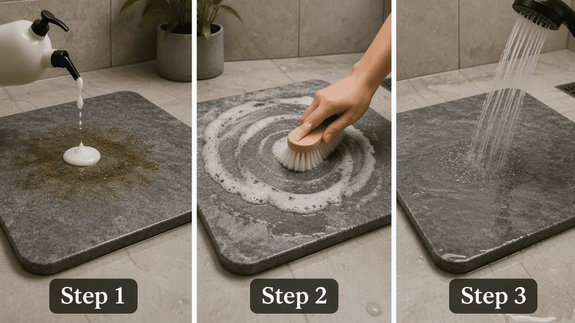 Stone bath mat degreased scrubbed and rinsed clean