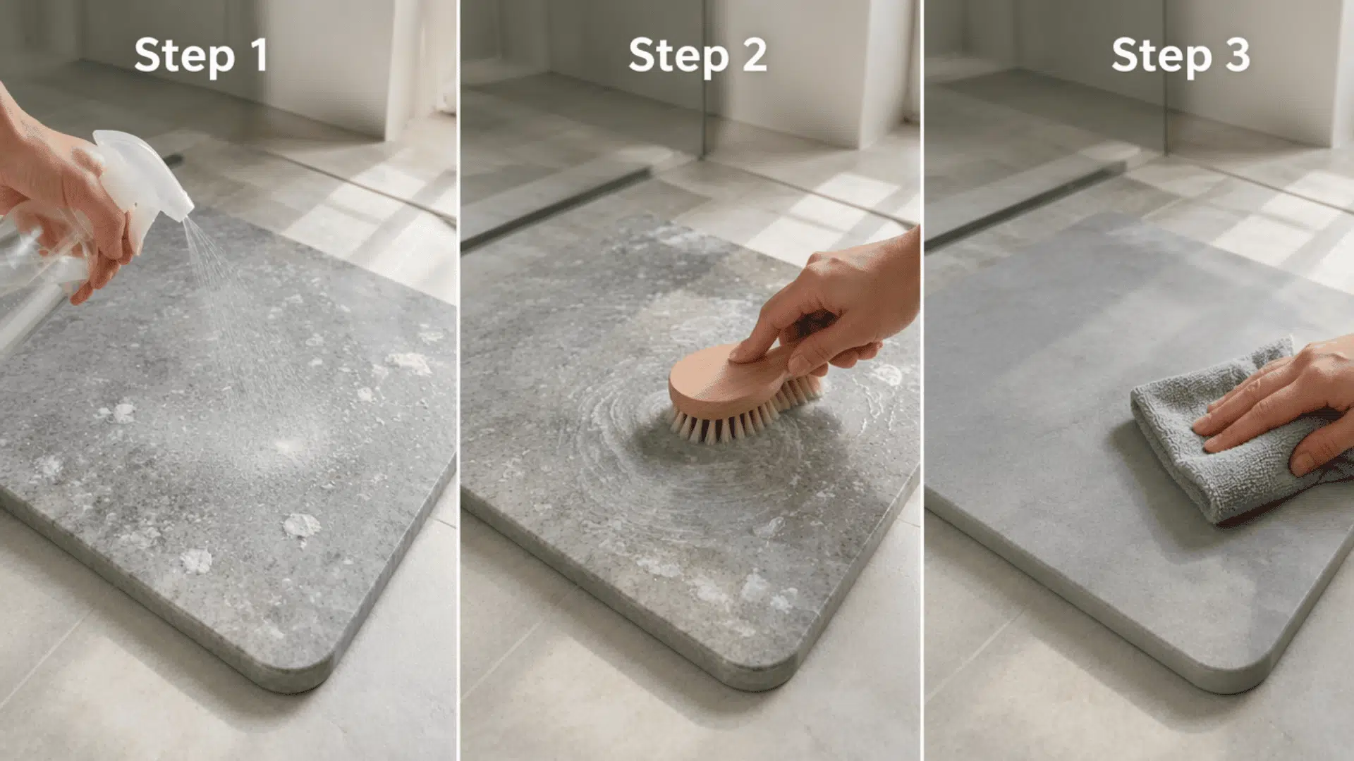 Stone bath mat treated for mineral buildup spots
