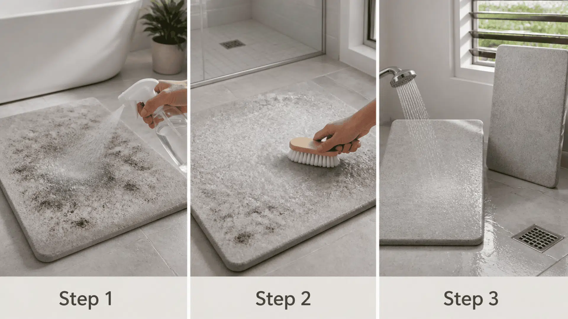 Stone bath mat cleaned to remove mold spots