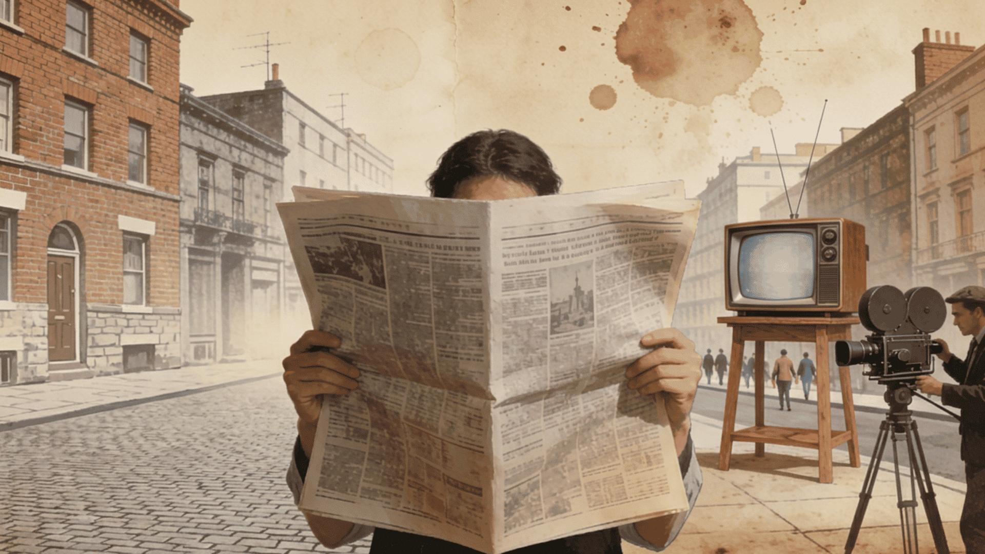 Surreal vintage street collage with newspaper and television.