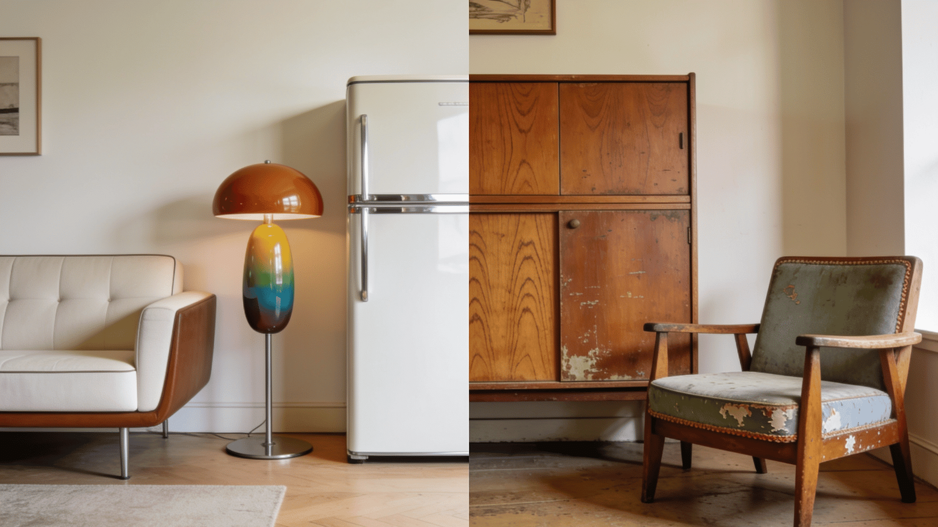 Modern retro furniture beside genuine aged vintage pieces