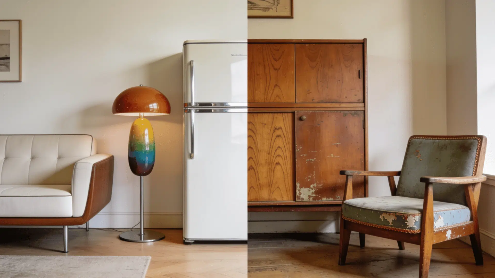 Modern retro furniture beside genuine aged vintage pieces