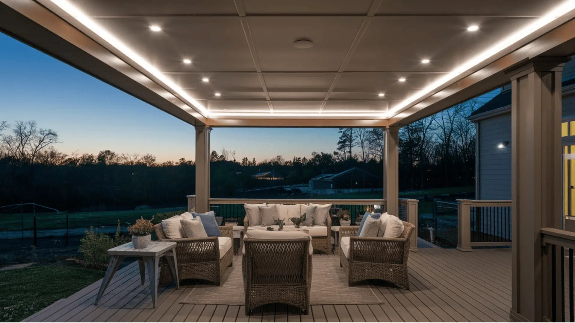 covered deck with a sloped timber roof and outdoor dining area connected to a modern home.