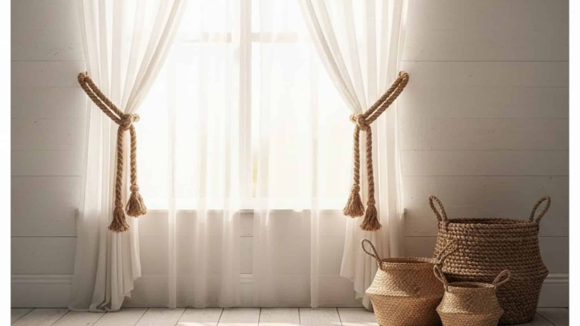 sheer white curtains held open with thick rope tiebacks beside woven baskets