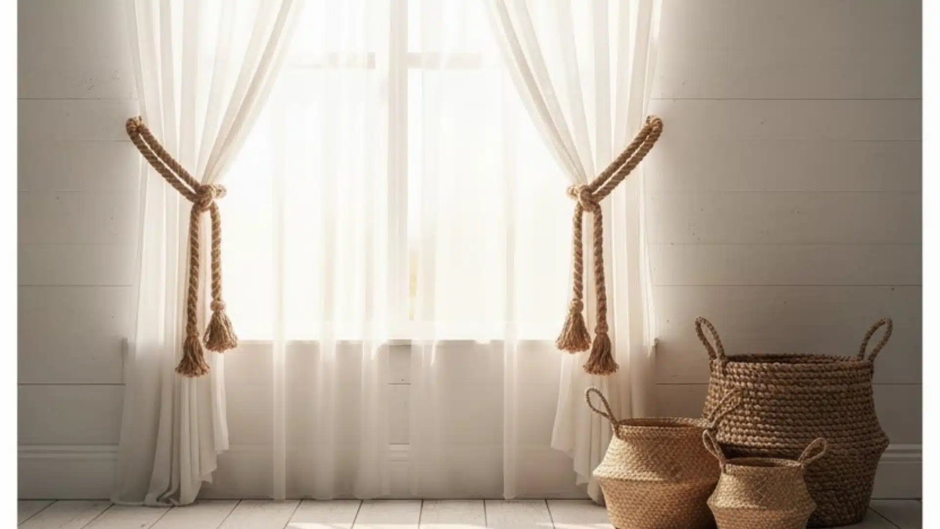 sheer white curtains held open with thick rope tiebacks beside woven baskets