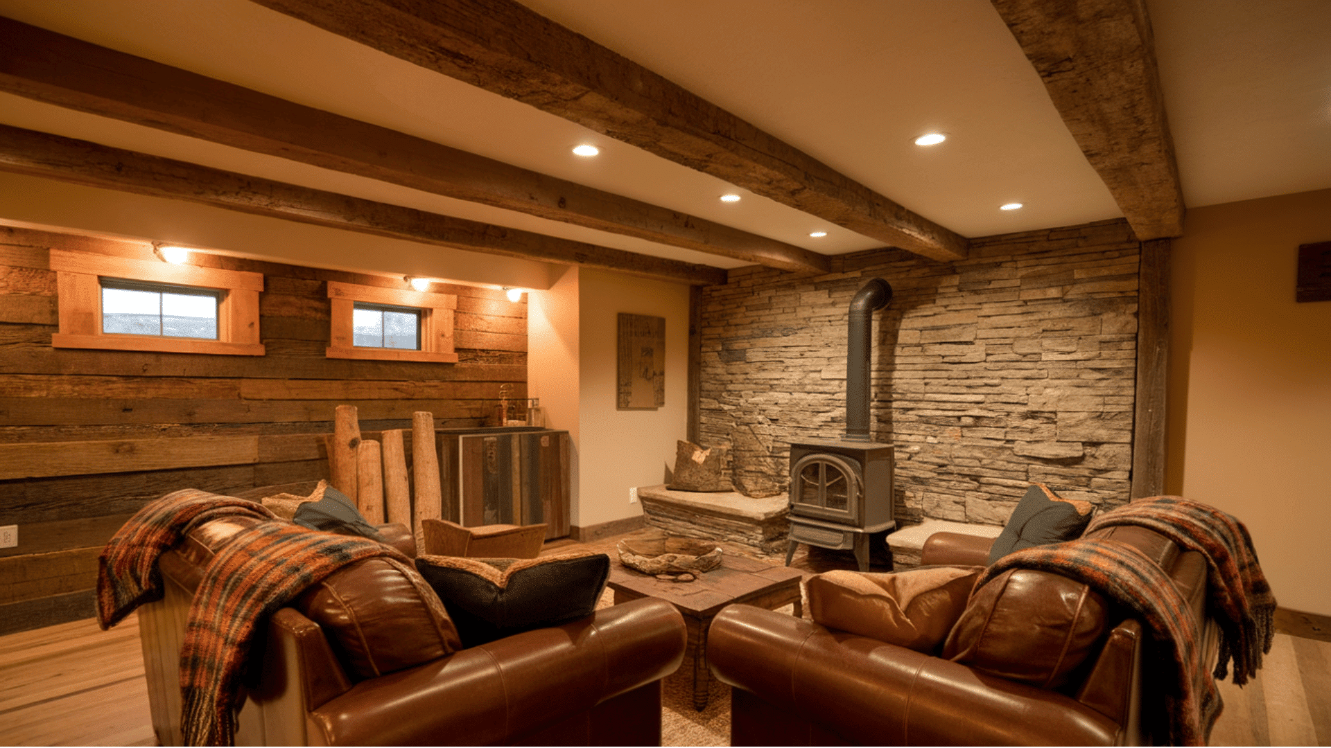 rustic basement lounge with log walls, stone fireplace, leather sofas, and exposed beams