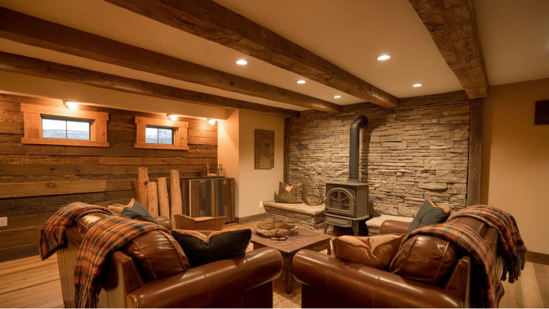 rustic basement lounge with log walls, stone fireplace, leather sofas, and exposed beams