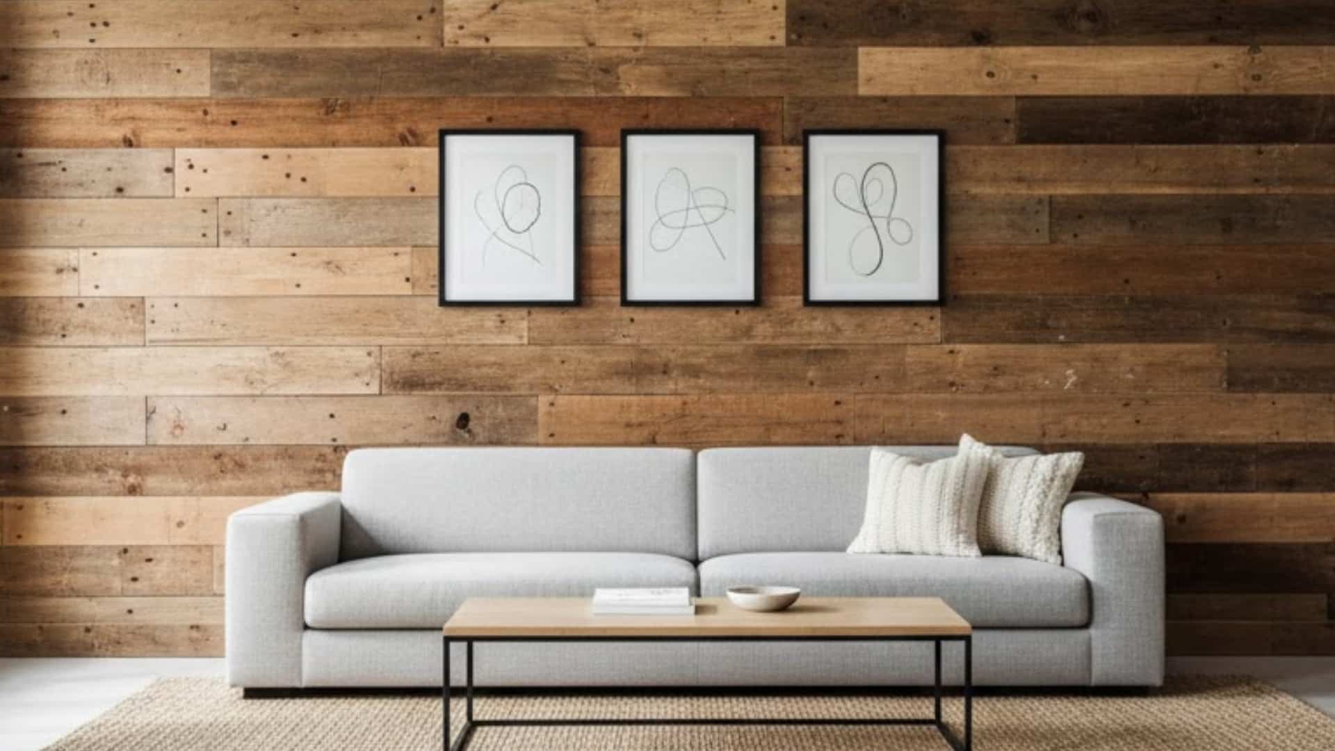 living room with a dark rustic wood accent wall, pale sofa, framed art, and coffee table