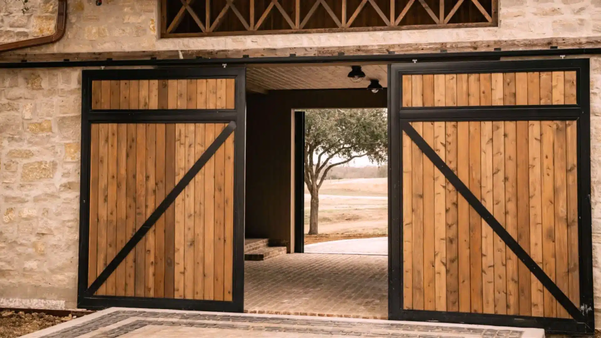 Rustic wooden barn doors with black metal trim open to a covered space with stone walls and outdoor view