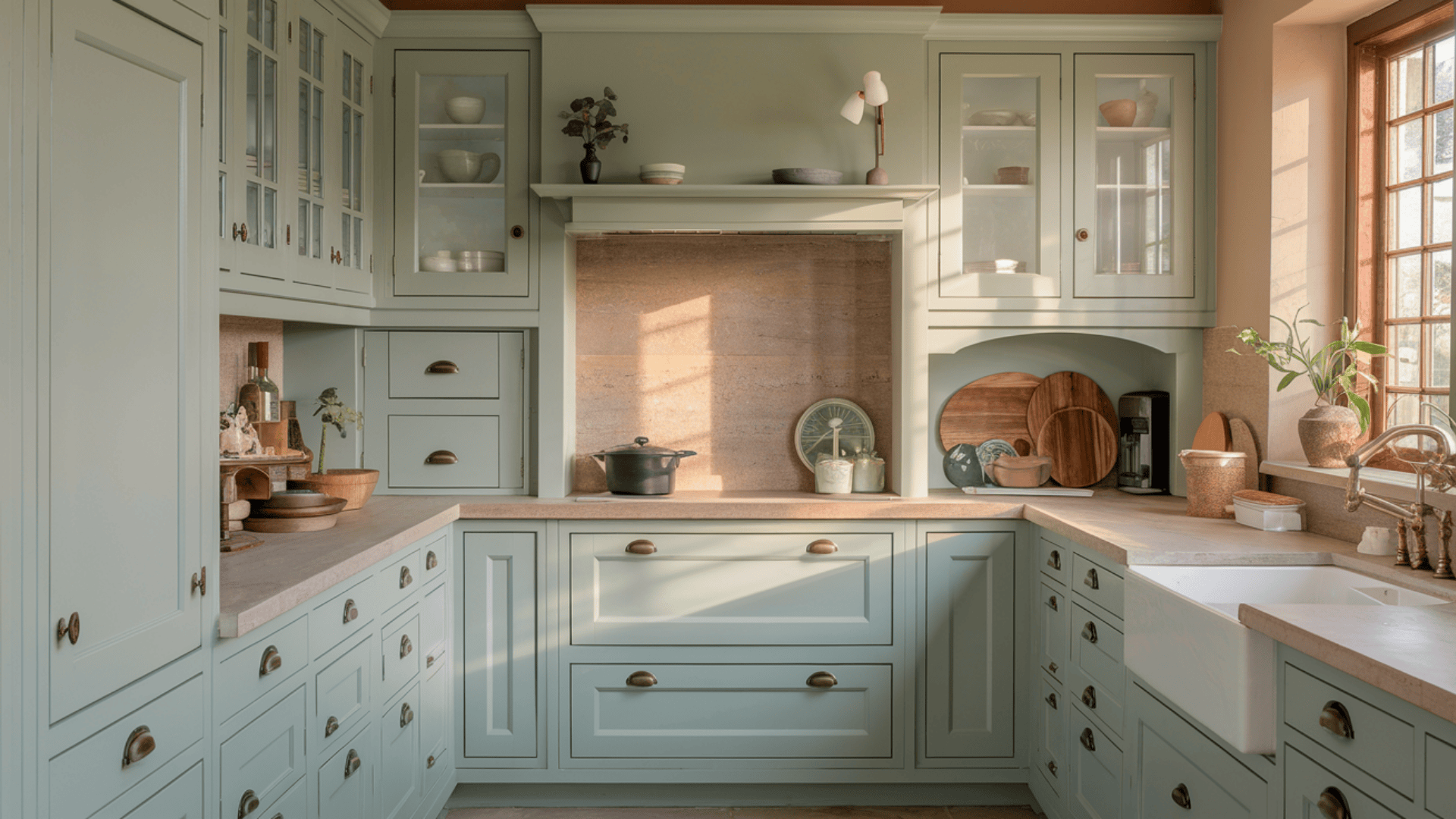 cosy kitchen with sage green cabinets, white counters, open shelves, and warm sunlight