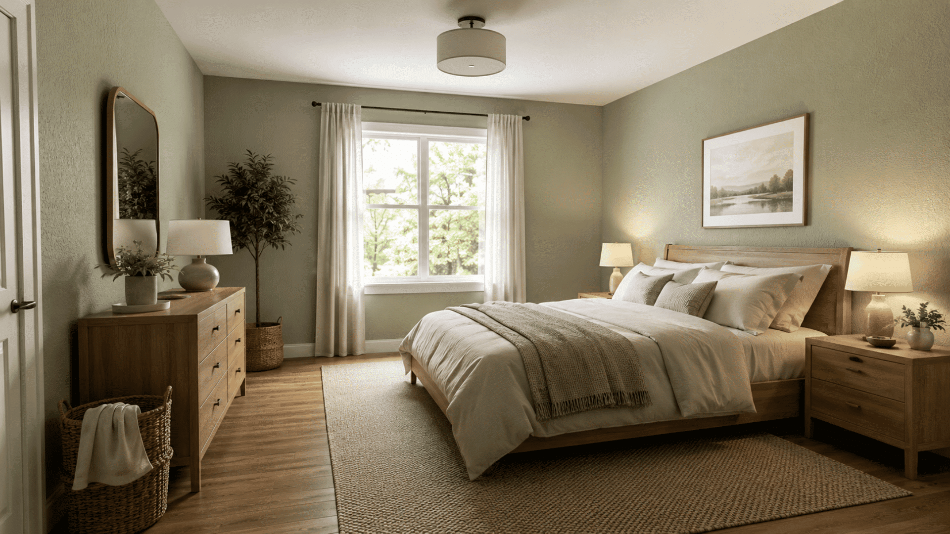 Sage green bedroom with subtle orange peel textured walls.