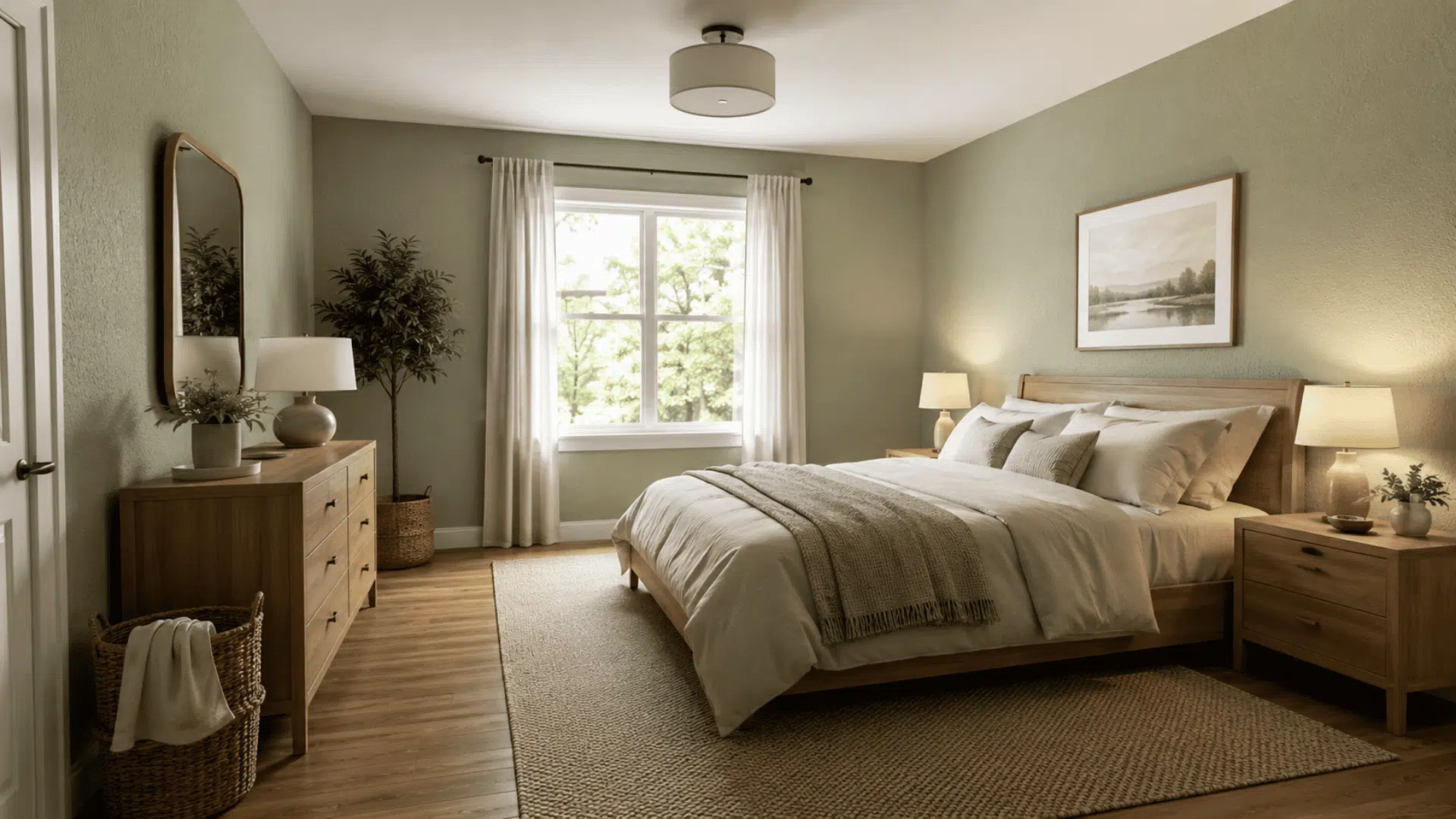 Sage green bedroom with subtle orange peel textured walls.