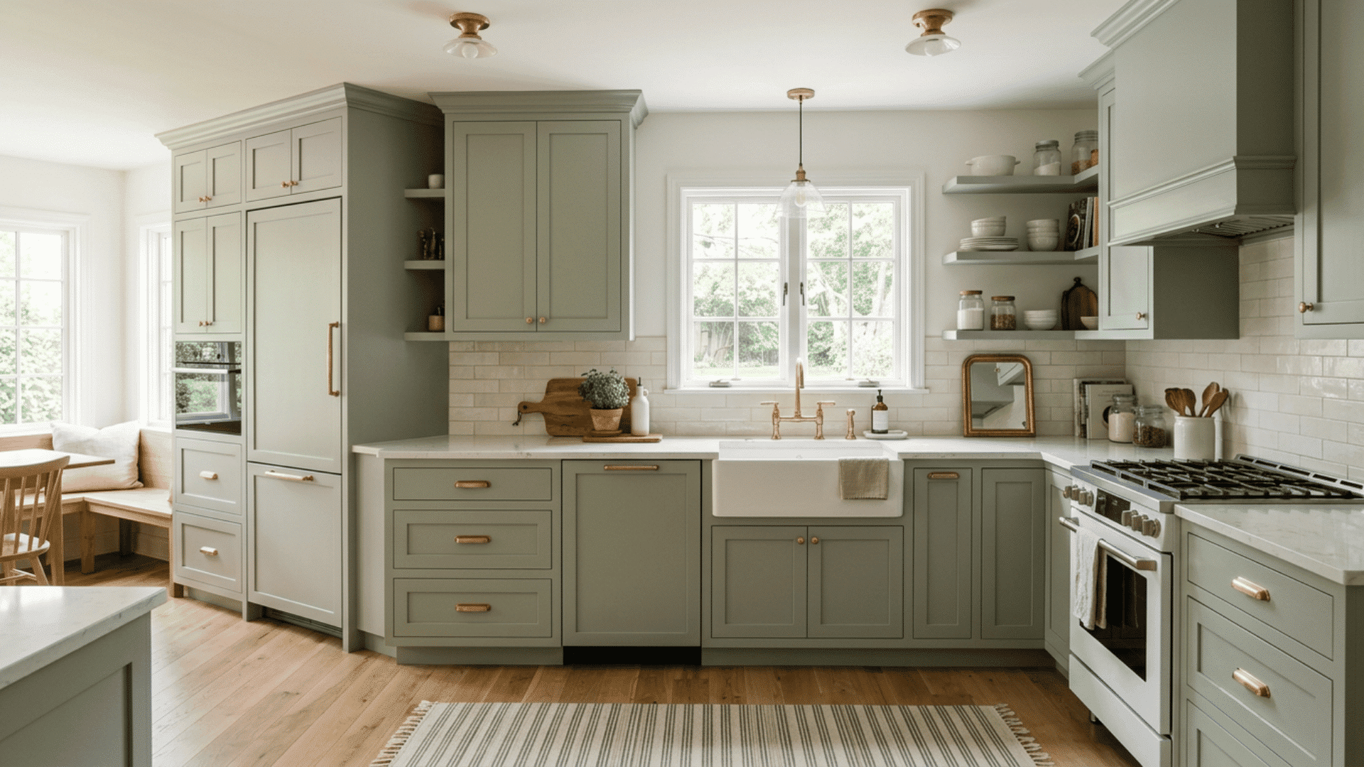 Bright kitchen with sage green cabinets and brass hardware