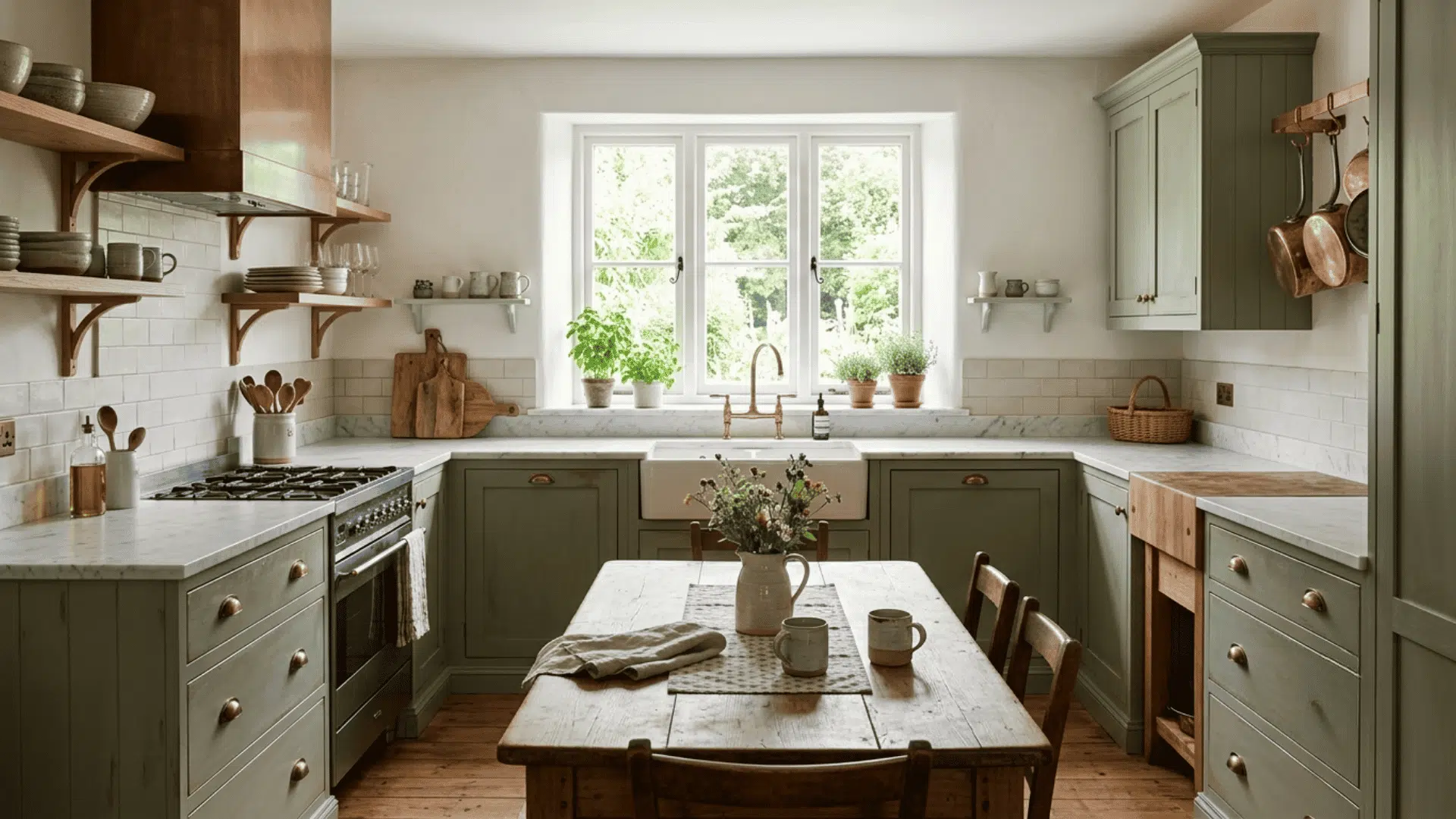 Sage green cabinets with wood furniture in a cozy cottage kitchen