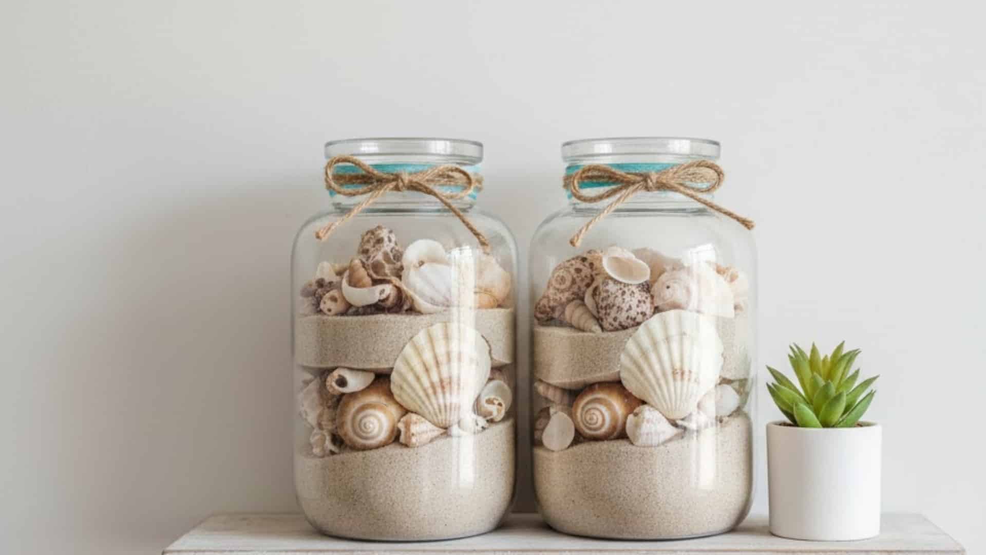 clear glass jars filled with sand and seashells beside a small potted plant