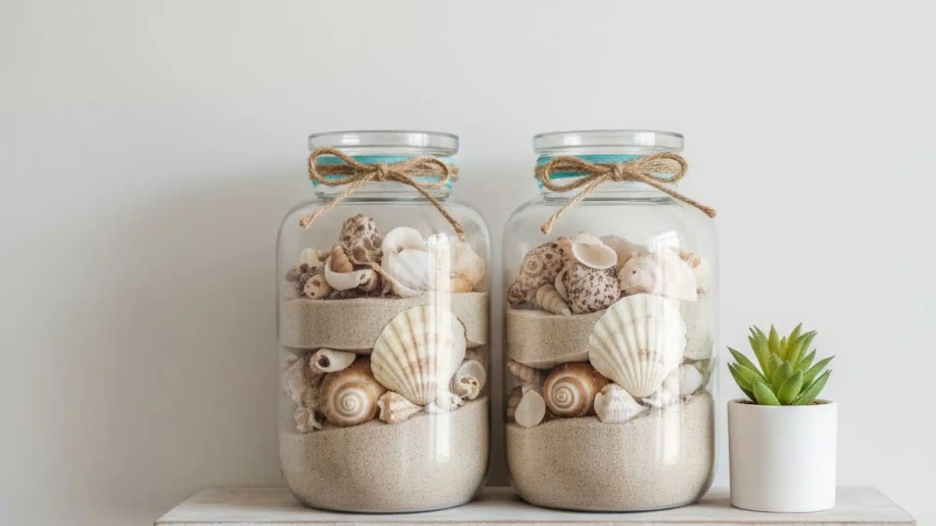 clear glass jars filled with sand and seashells beside a small potted plant