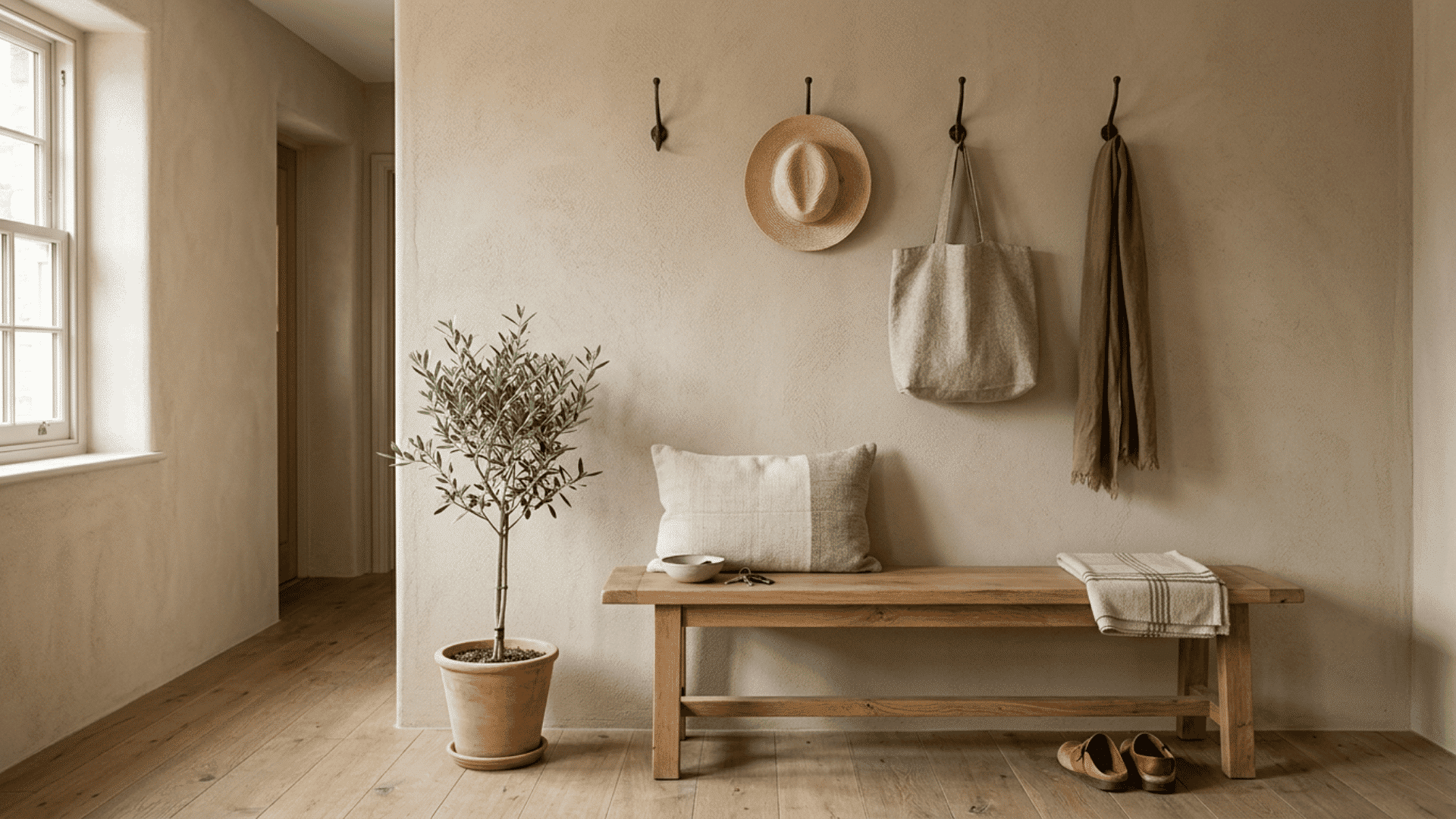 Entryway wall with fine sand float plaster texture