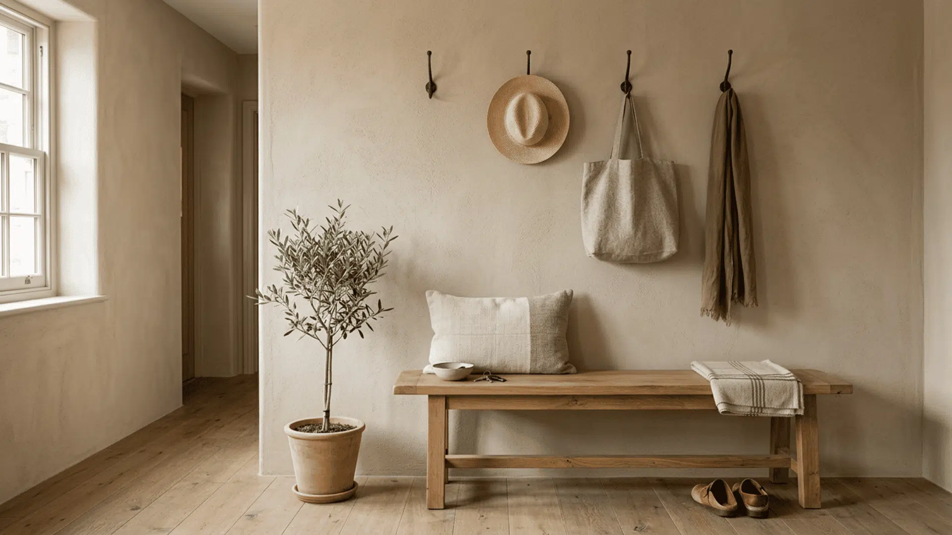 Entryway wall with fine sand float plaster texture
