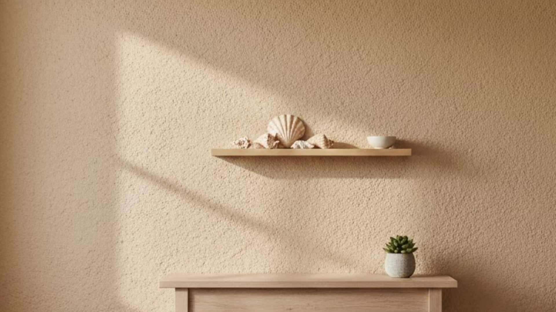 warm sand-textured wall with simple floating shelves and coastal decor