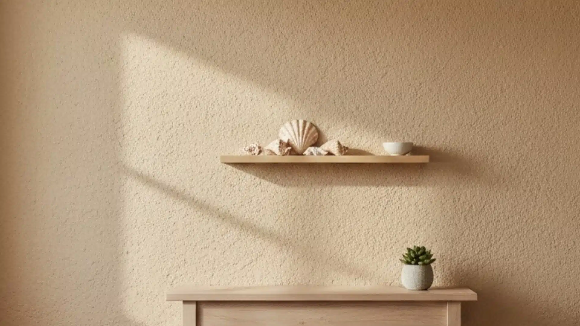 warm sand-textured wall with simple floating shelves and coastal decor
