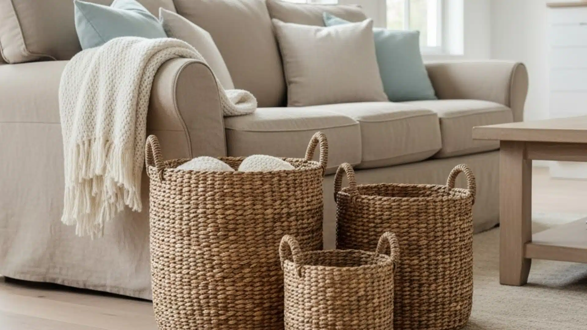 woven seagrass baskets placed beside a neutral sofa with soft blue cushions
