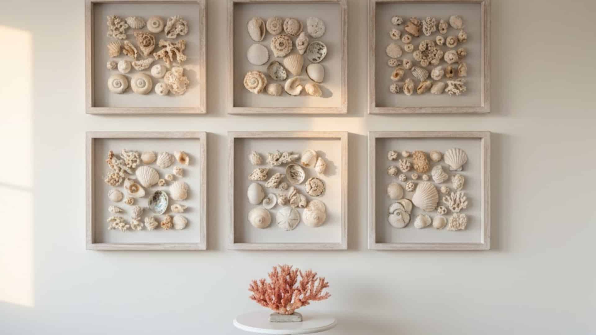 framed seashell shadow boxes arranged in a grid above a small coral sculpture