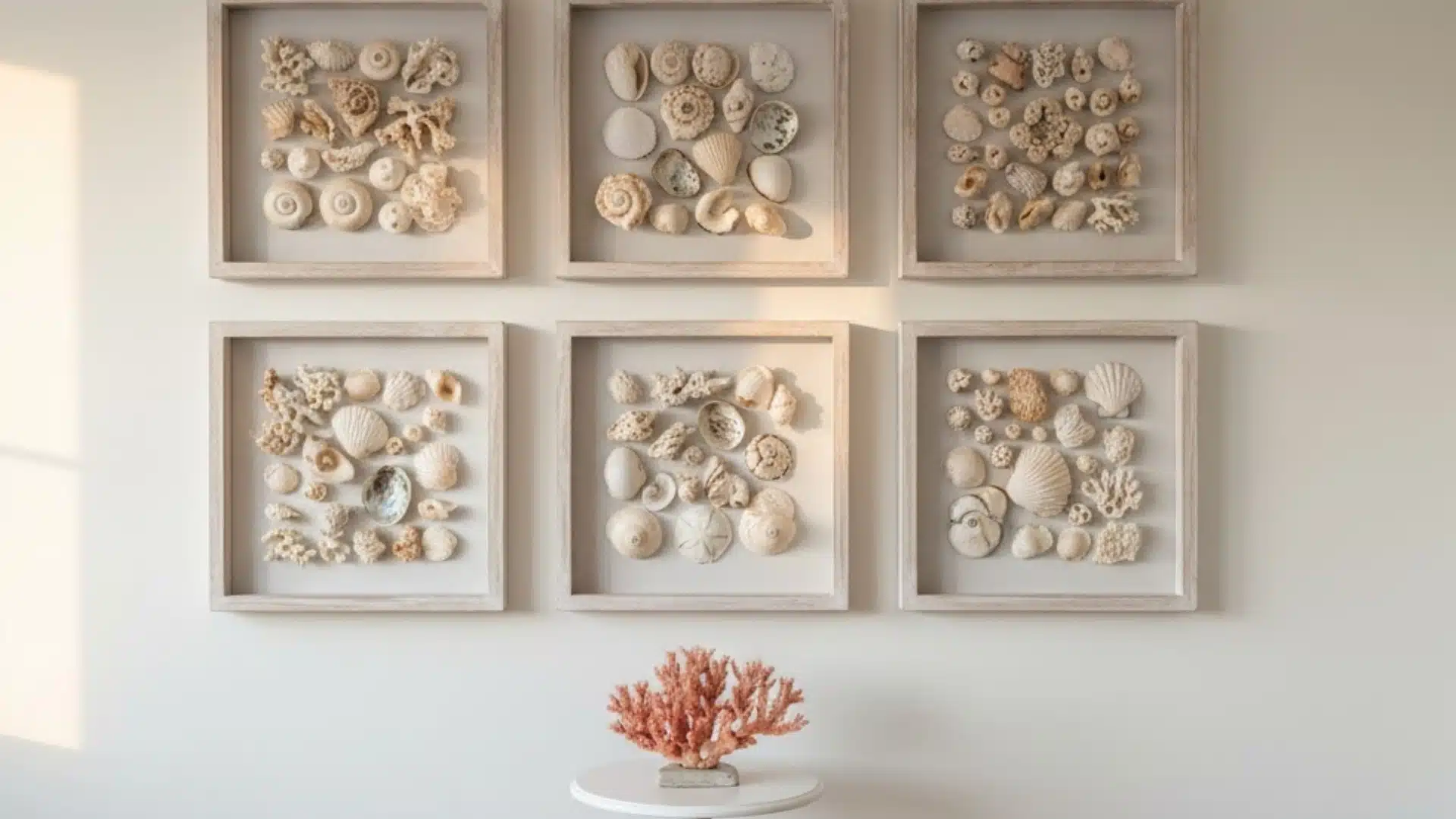 framed seashell shadow boxes arranged in a grid above a small coral sculpture