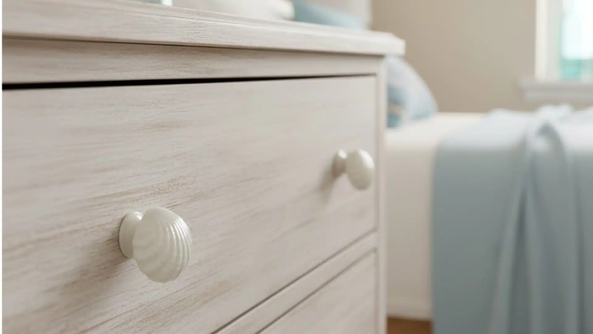 white shell-shaped drawer pull attached to a pale wooden bathroom cabinet
