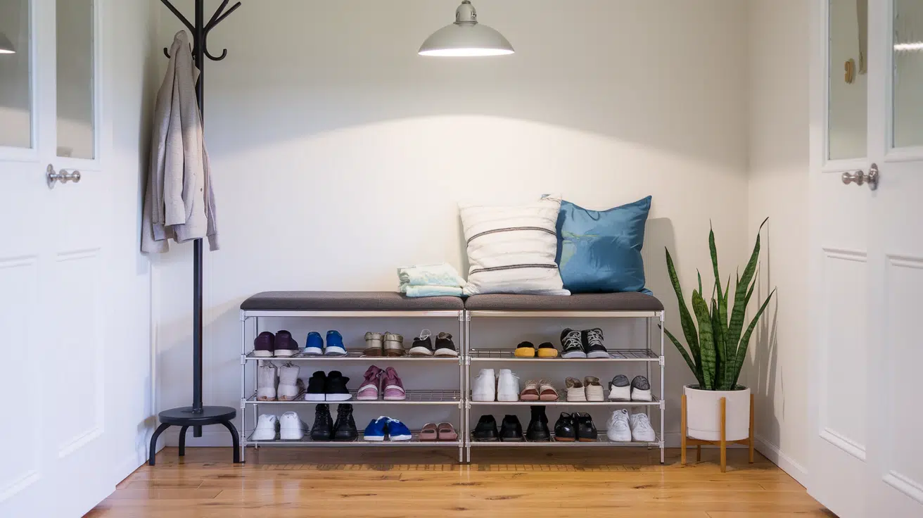 organised shoe rack with shelves, bench seating, cushions, and hanging coats