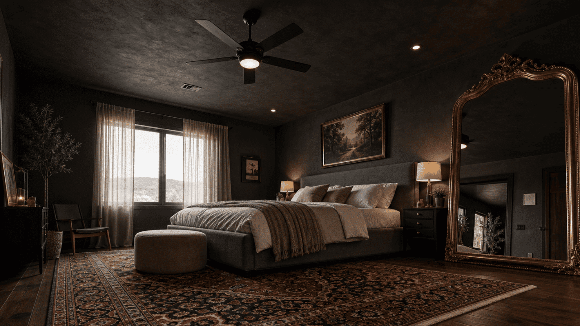 Dark bedroom with matching ceiling and walls creating a cozy modern design