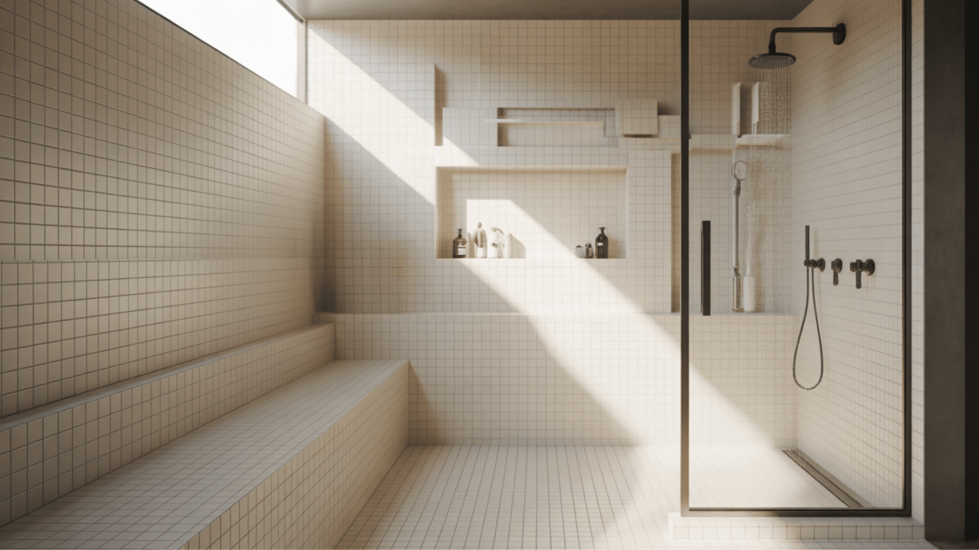 glass walk-in shower with pale mosaic tiles, a built-in bench, and small green plants