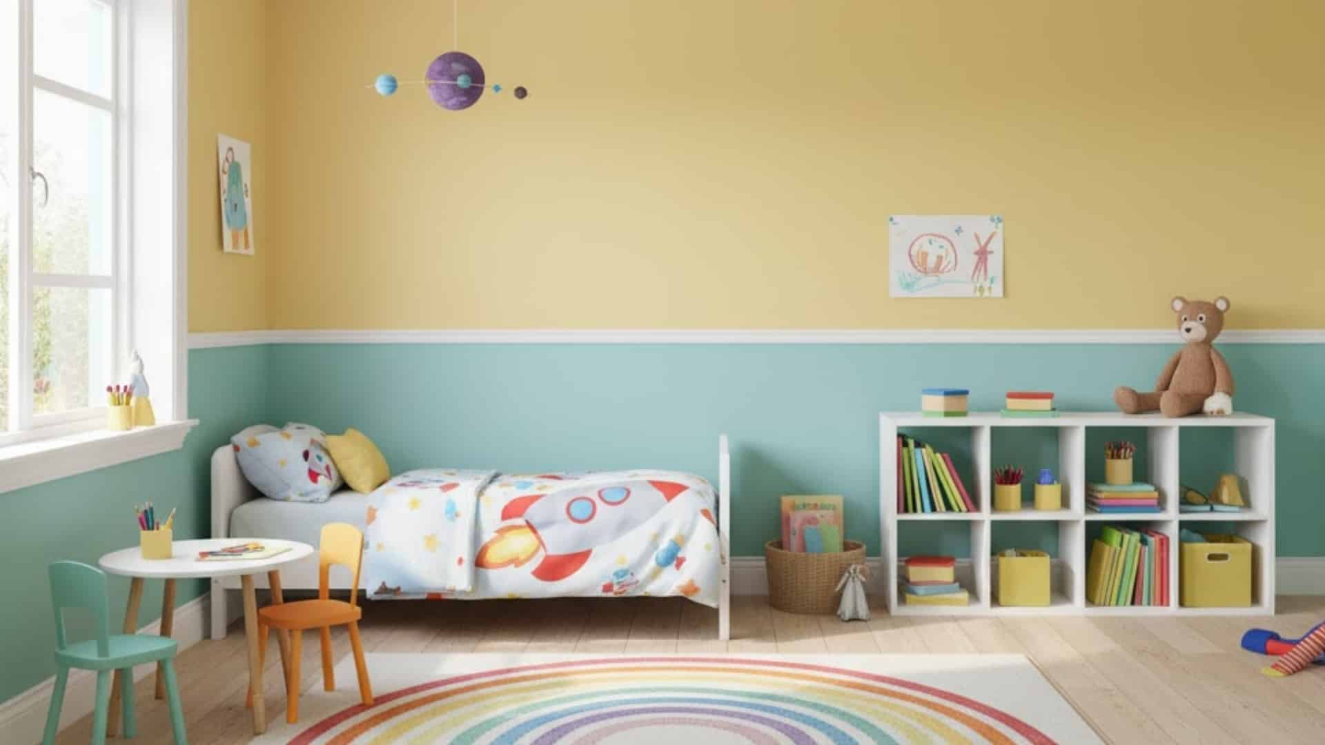 colorful children's room with a simple flat mdf chair rail dividing two wall colors
