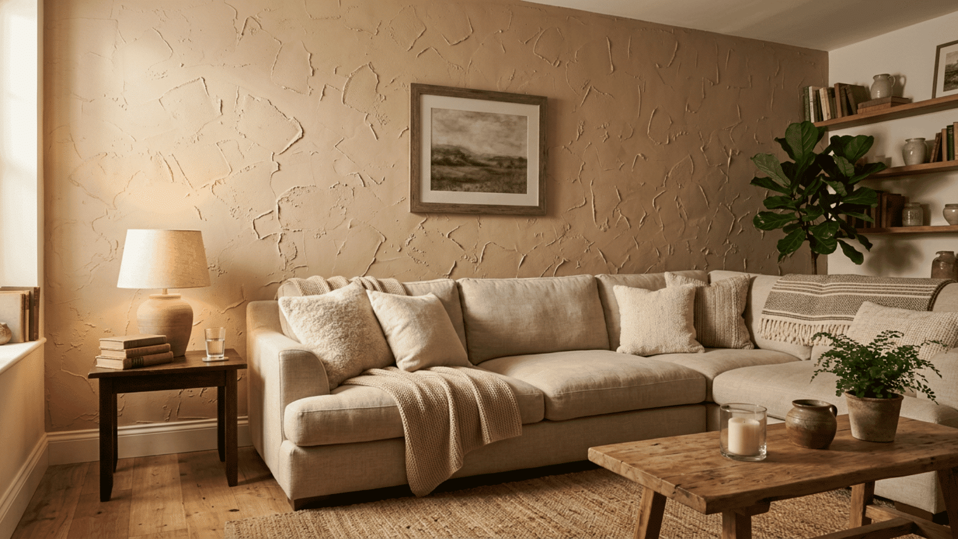 Family room wall with irregular skip trowel texture