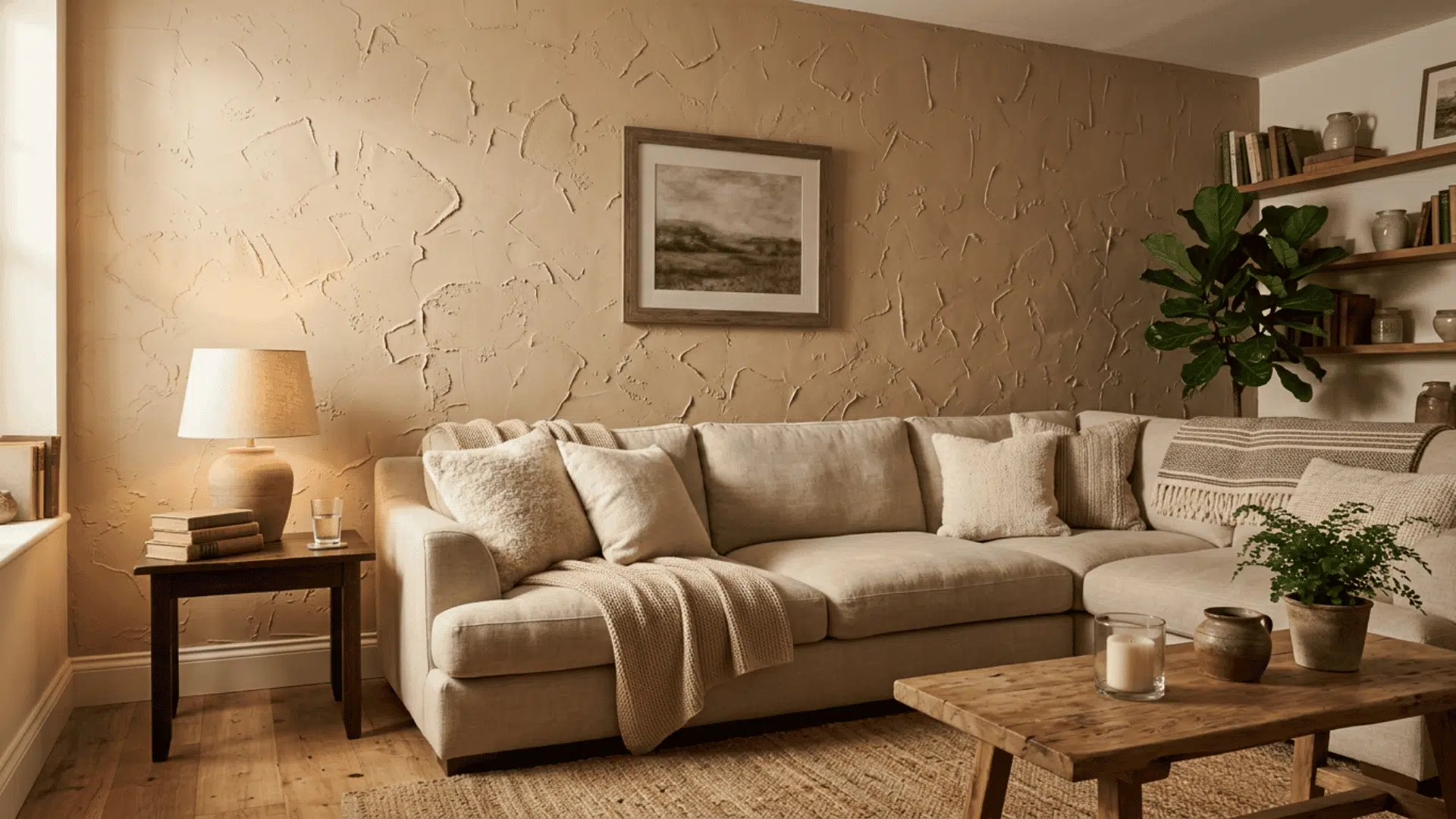 Family room wall with irregular skip trowel texture
