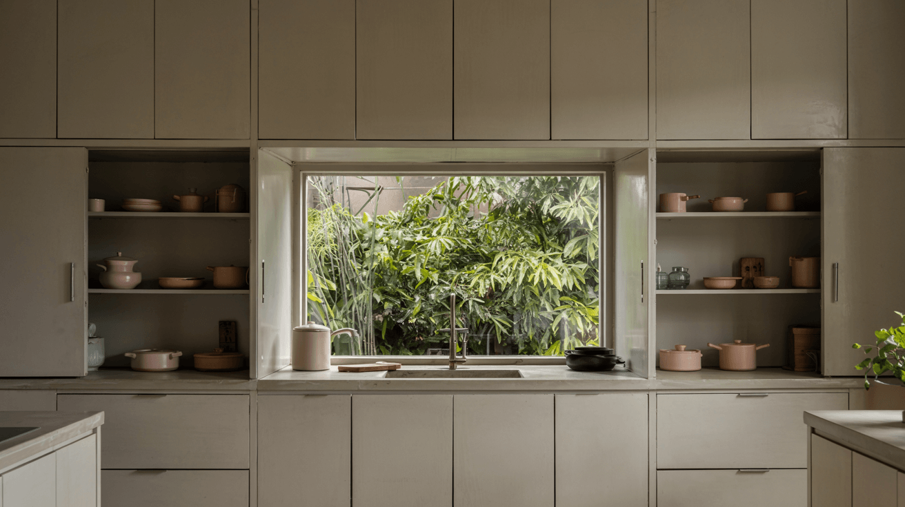 minimalist kitchen with flat sliding cabinet doors, open side shelves, and a garden-facing window