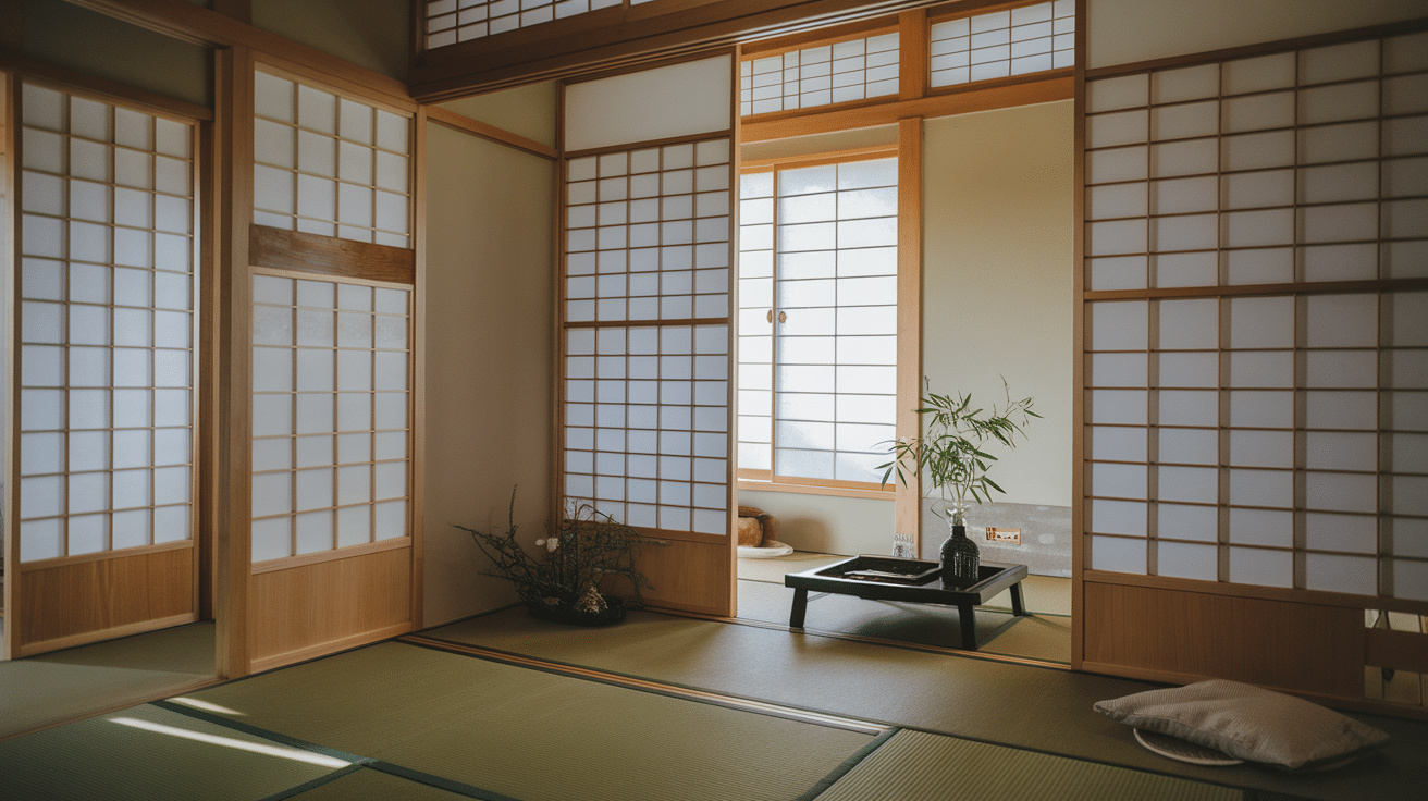 japanese room with sliding shoji doors creating flexible open spaces and soft natural light.