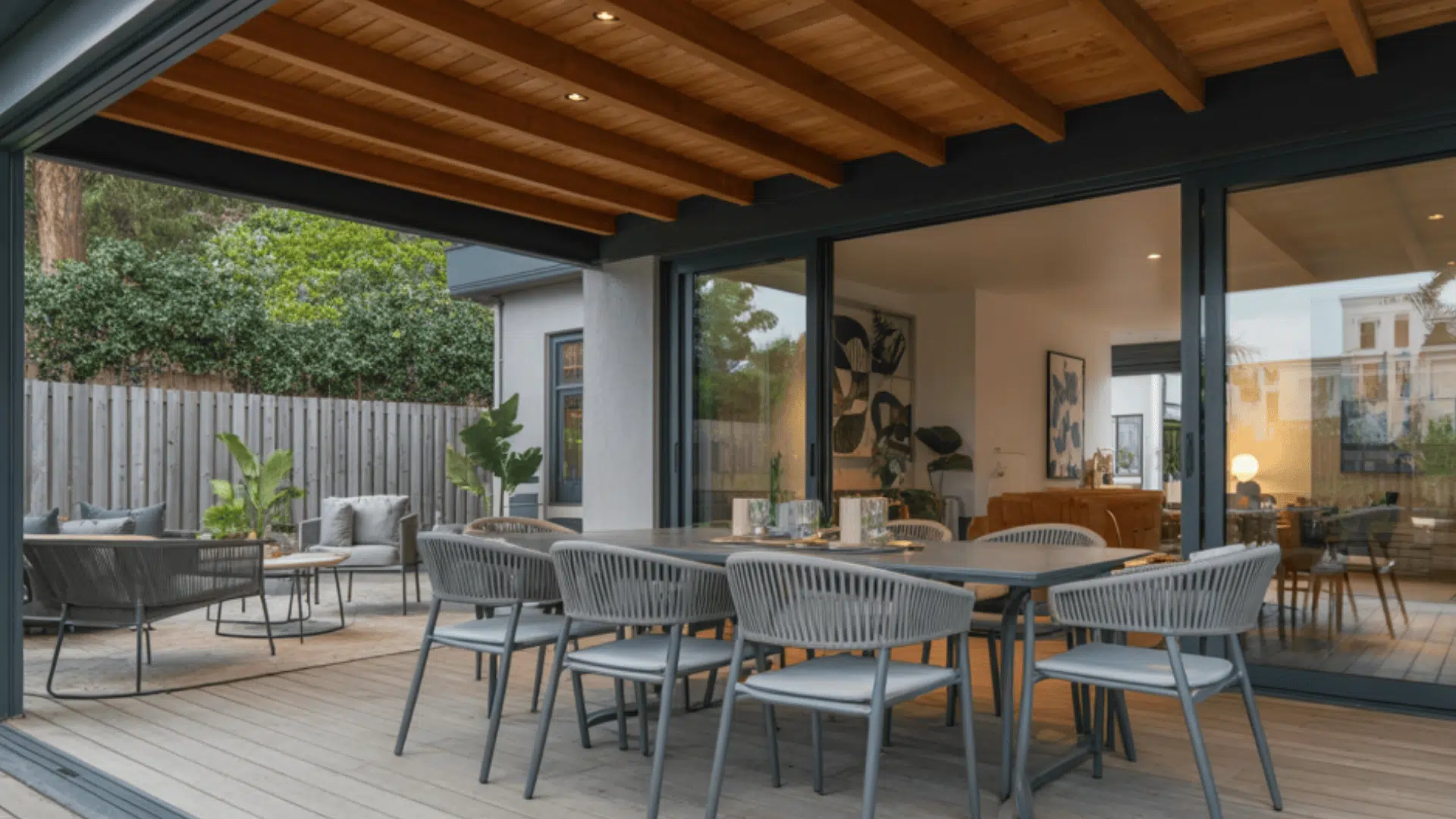 covered deck with a sloped timber roof and outdoor dining area connected to a modern home.