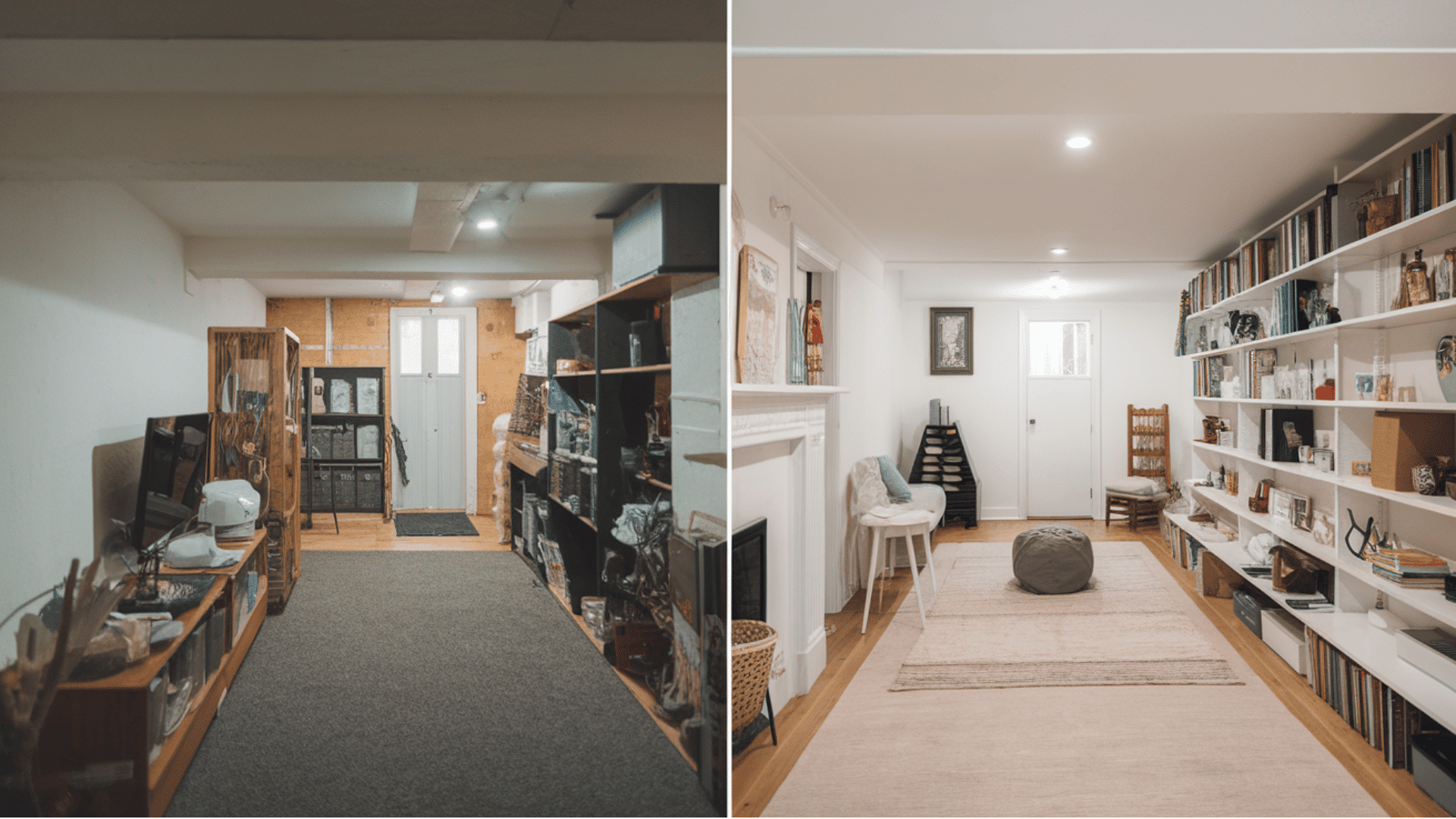 before-and-after small basement changed into a bright room with storage and seating