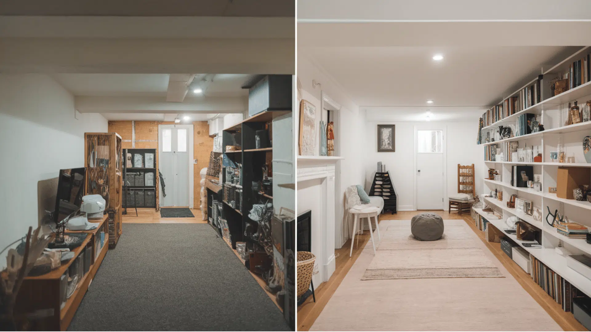 before-and-after small basement changed into a bright room with storage and seating